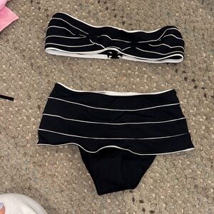 Striped Black Bandeau Bikini Top and High-Waist Skirted Bottoms